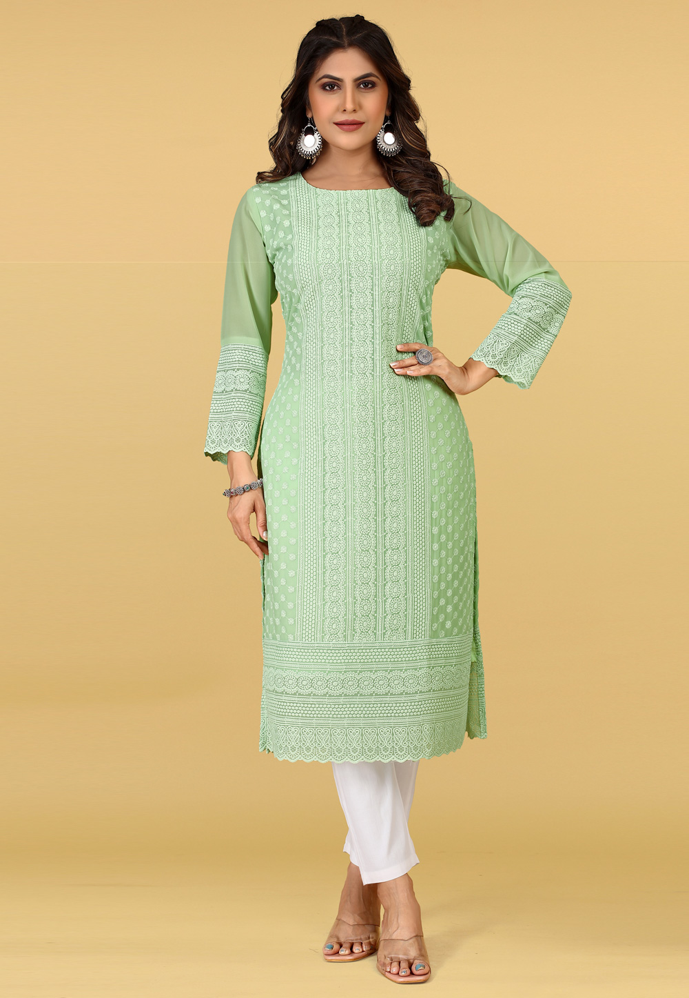 Pista Green Georgette Chiffon Long Tunic 267341