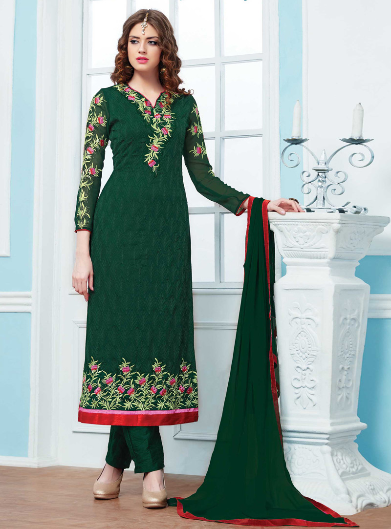 Green Georgette Straight Cut Pant Style Suit 92684