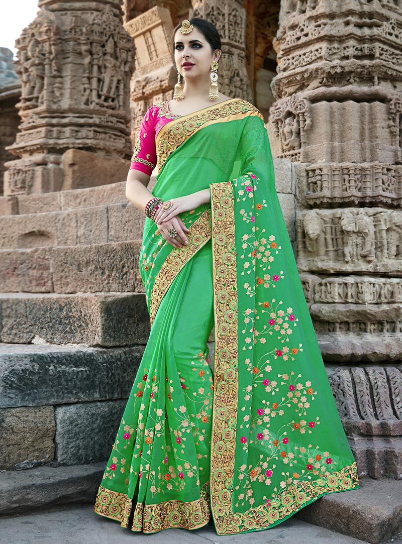Green Silk Saree With Embroidered Blouse 140453