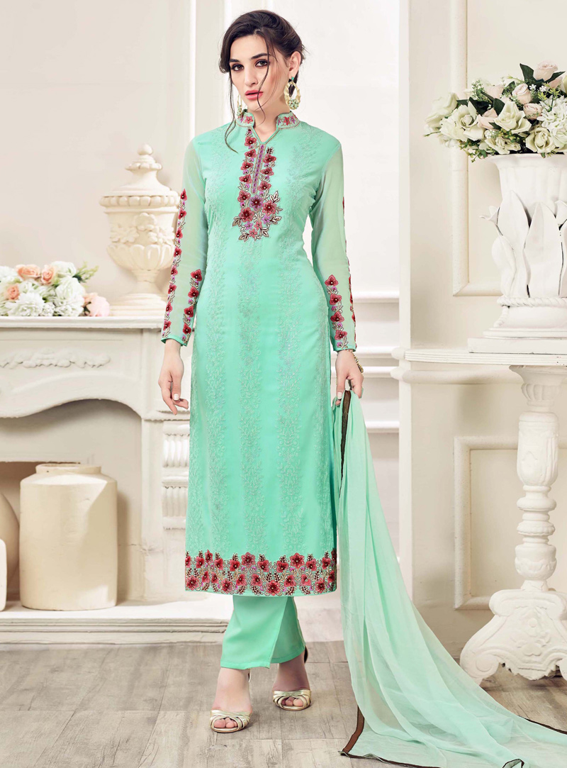 Sea Green Georgette Pant Style Suit 92688