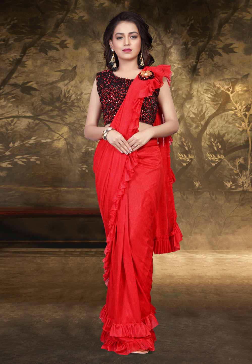Red Lycra Ruffle Border Saree With Blouse 217885