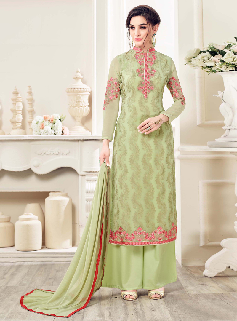 Hand Painted Pure Cotton Pakistani Suit in Light Green : KMM253