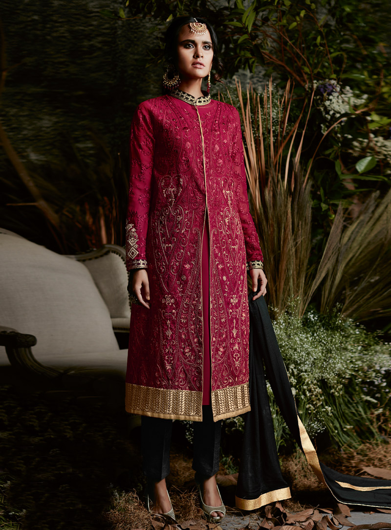 Red Faux Georgette Pant Style Suit 129809