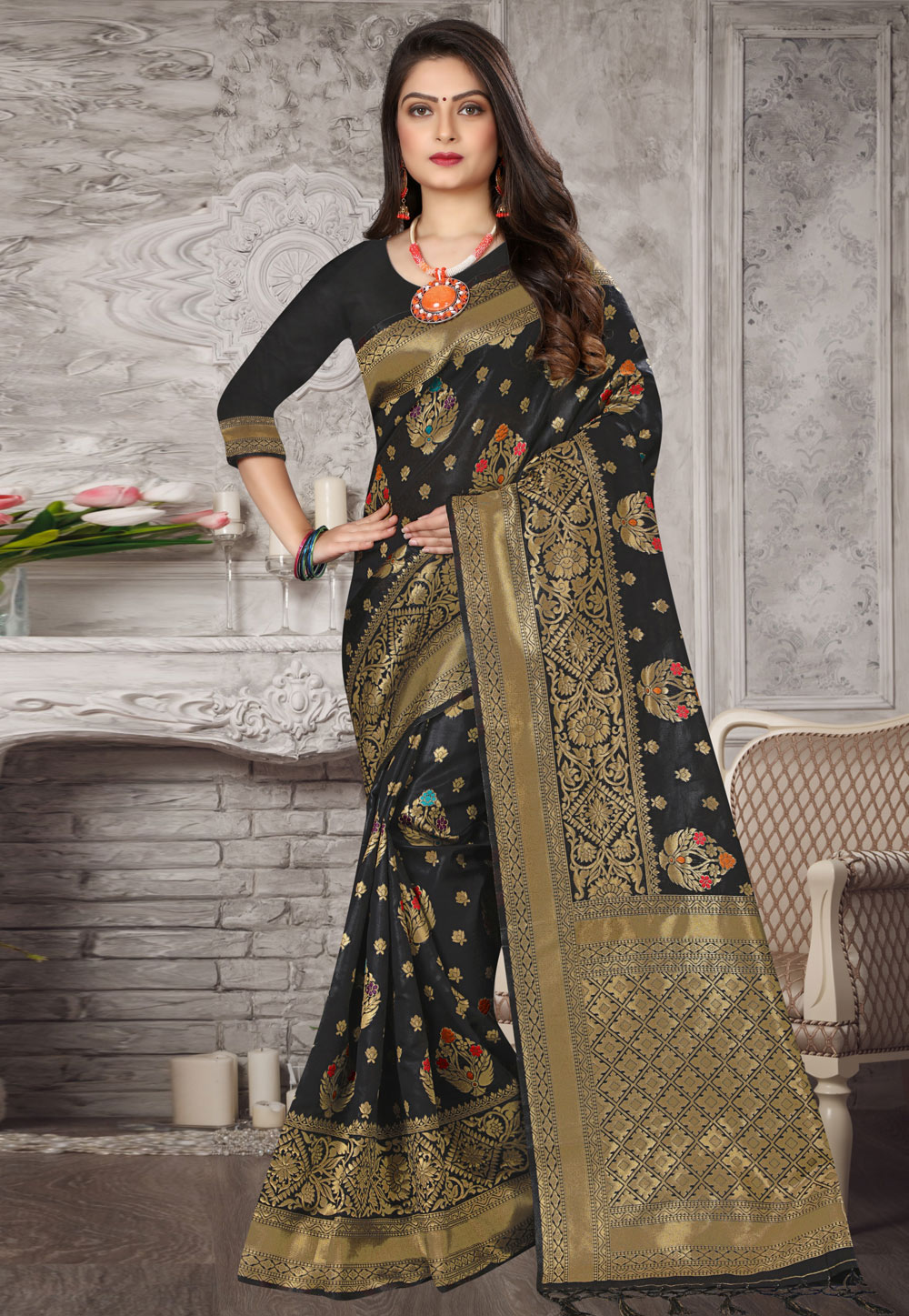 Black Banarasi Silk Festival Wear Saree 221652