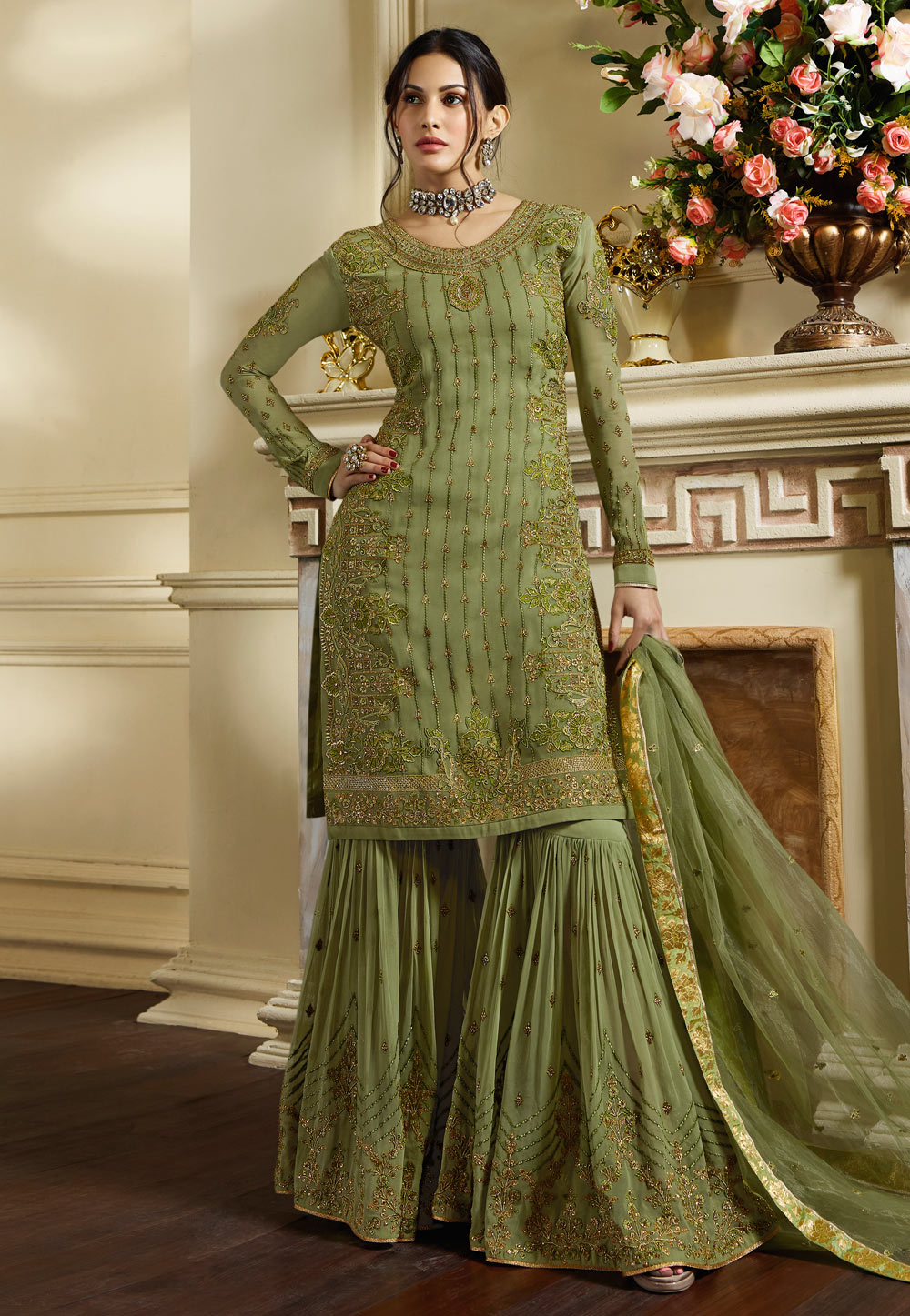 Green Satin Sharara Style Suit 158663