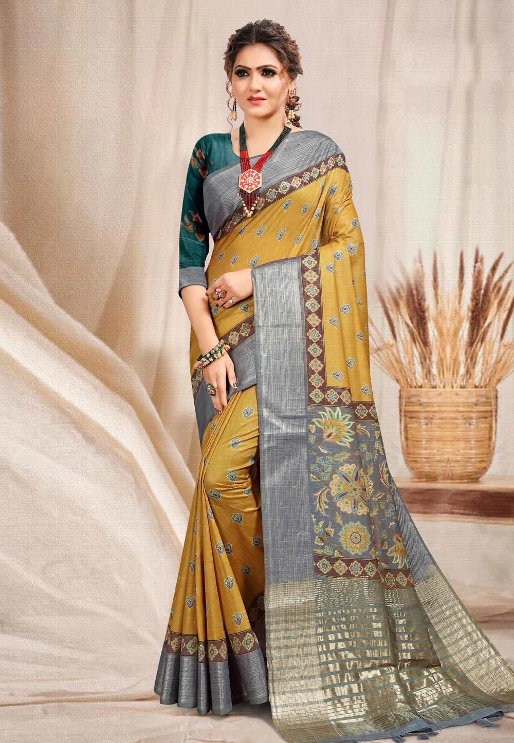 Yellow Cotton Printed Saree With Blouse 228375