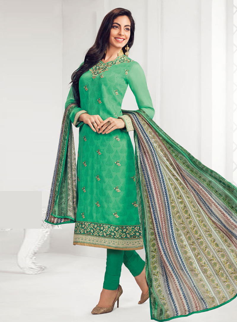 Green Georgette Pakistani Style Suit 140374