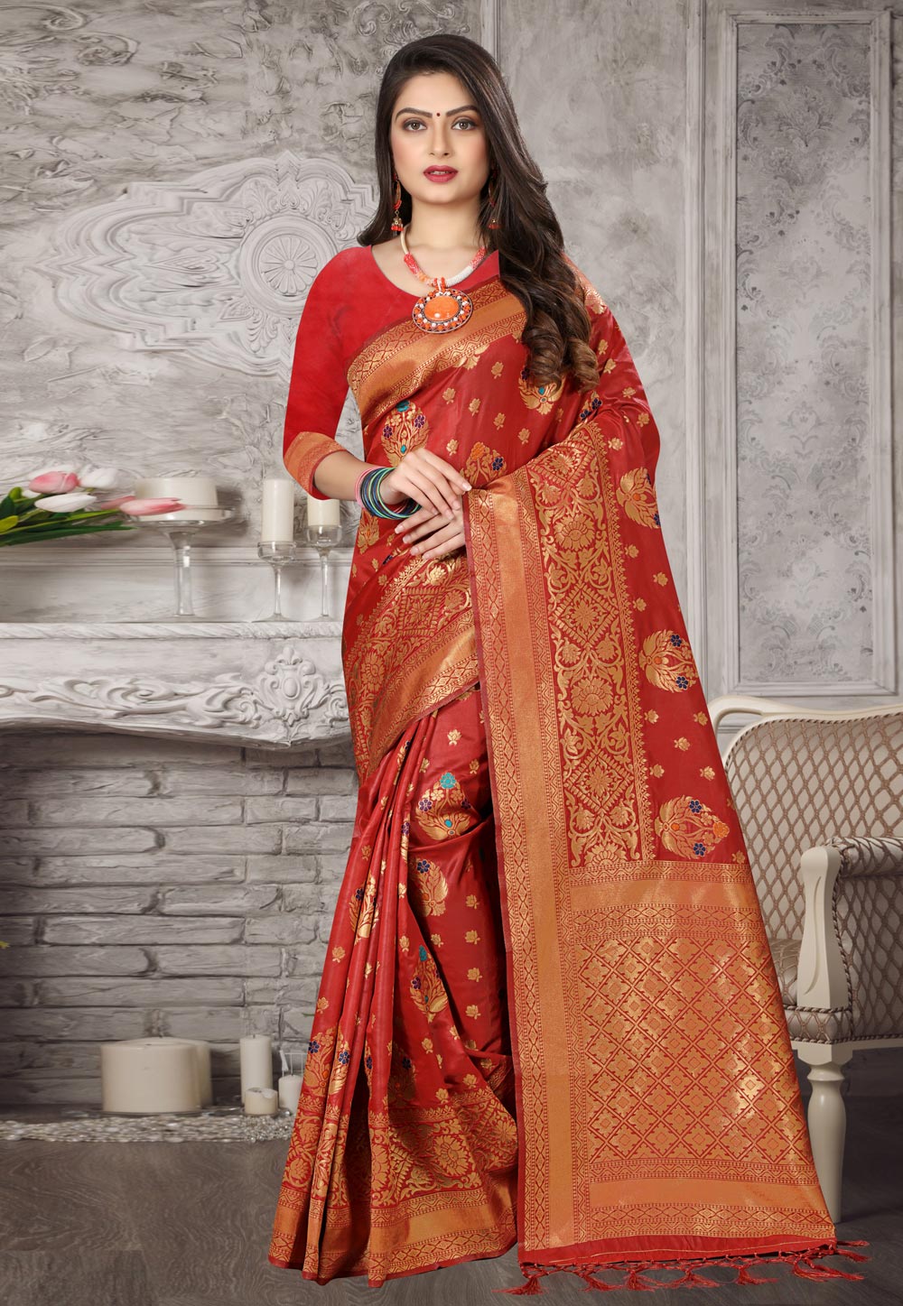 Red Banarasi Silk Saree With Blouse 221653