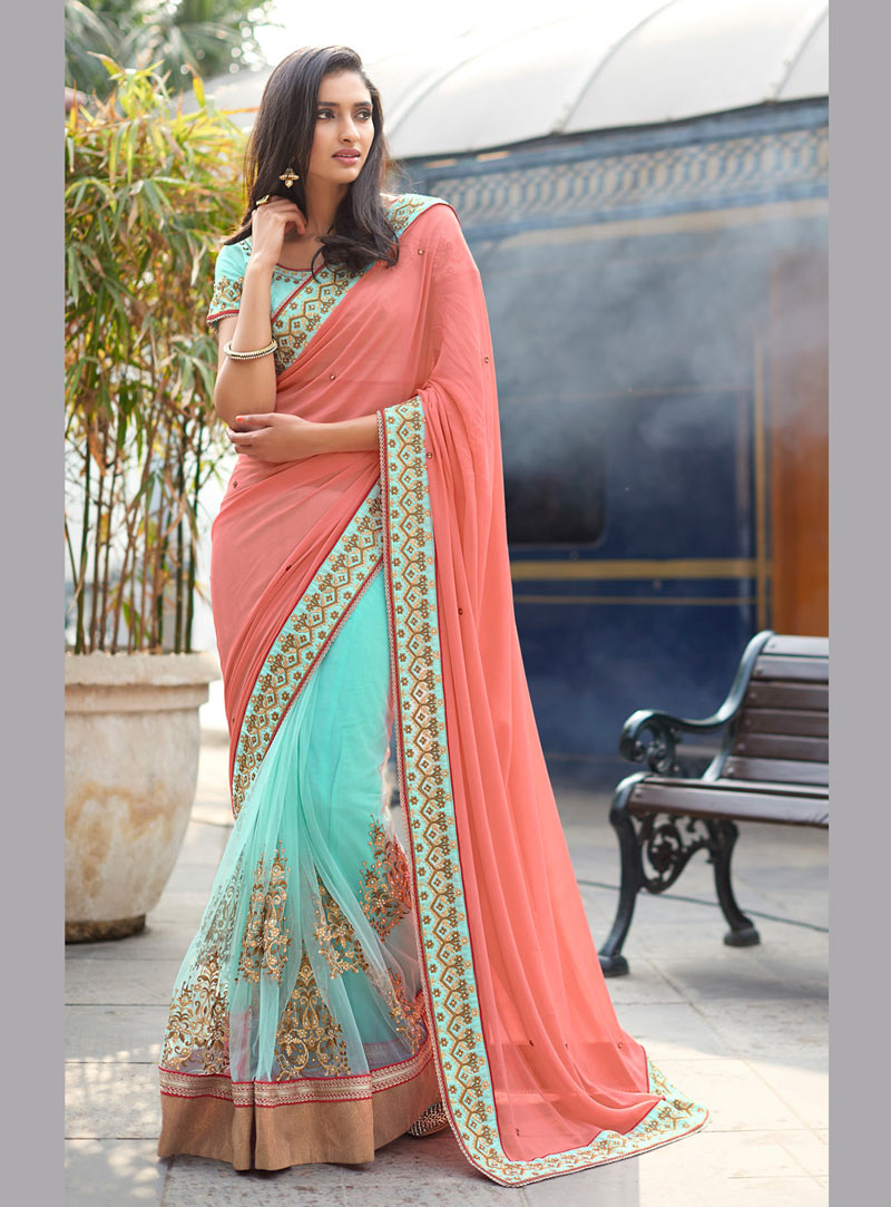 Peach Georgette Half and Half Saree With Blouse 69054