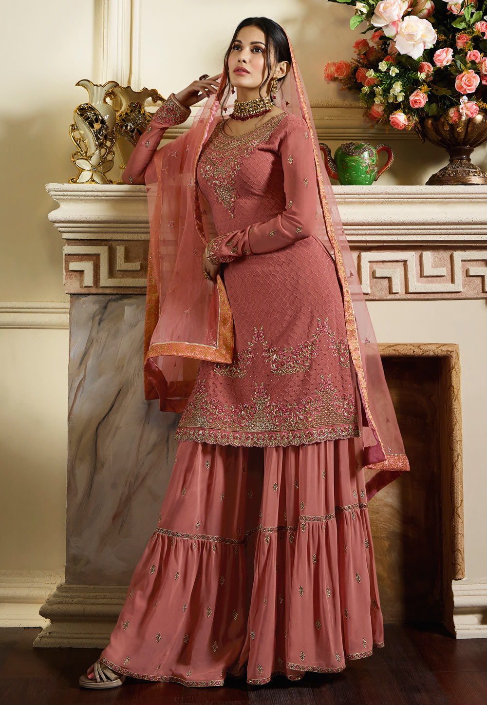 Pink Satin Sharara Suit 158665
