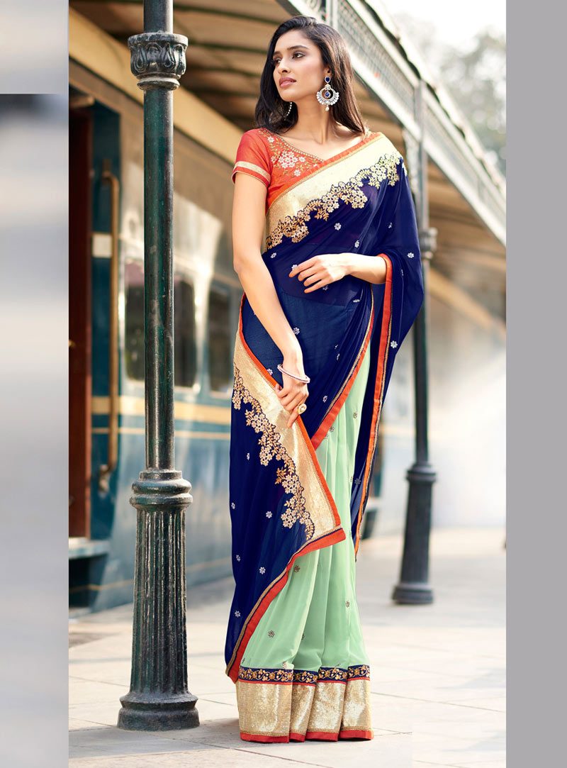 Navy Blue Georgette Half and Half Saree With Blouse 69055