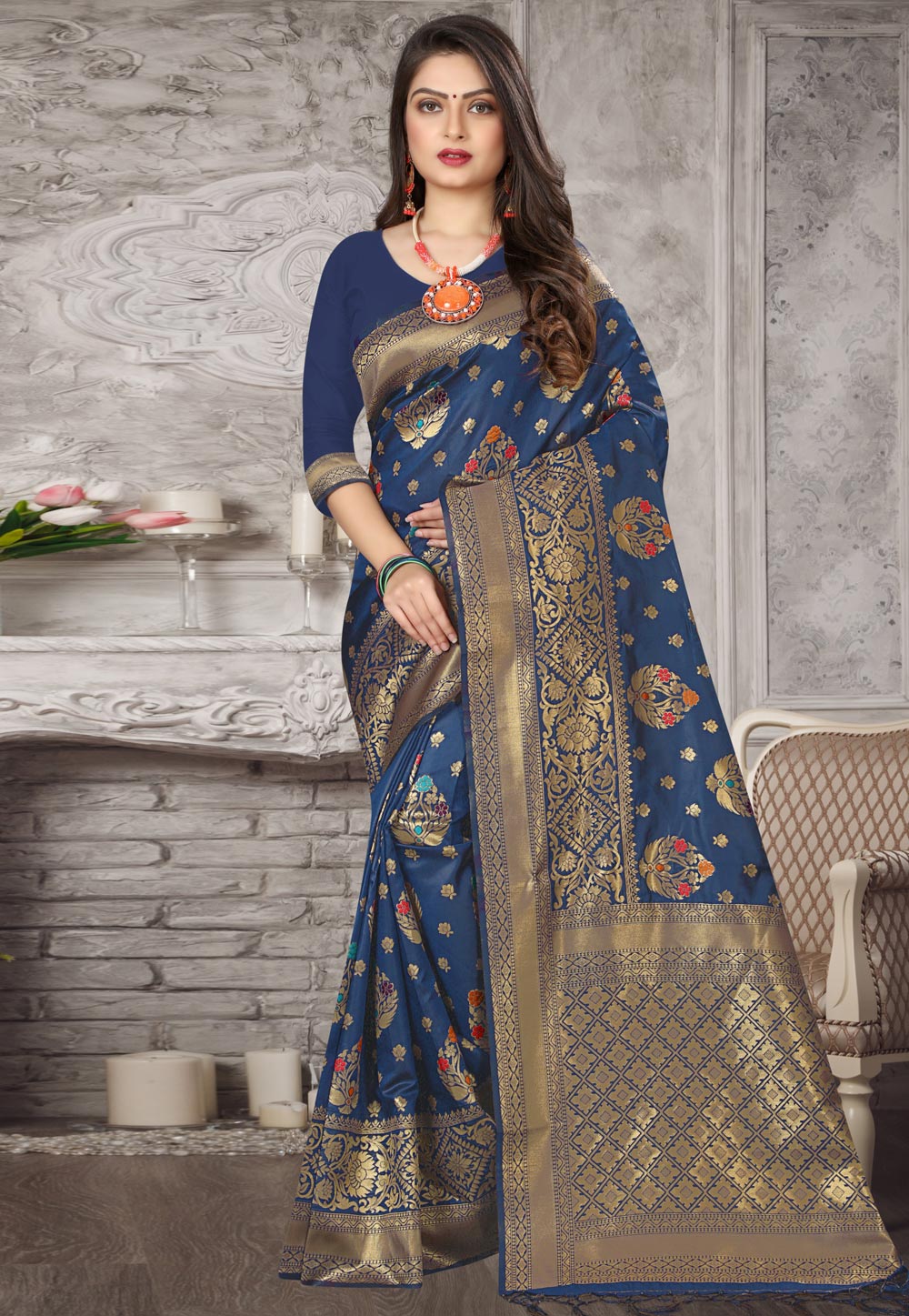 Navy Blue Banarasi Silk Festival Wear Saree 221655