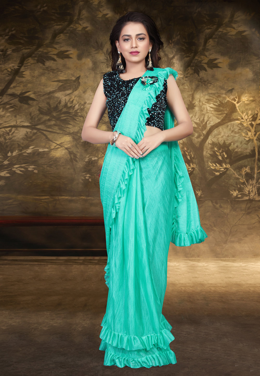 Turquoise Lycra Ruffle Border Saree With Blouse 217890
