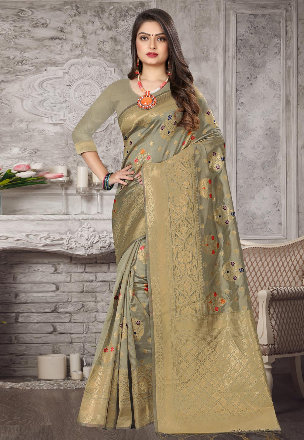 Grey Banarasi Silk Festival Wear Saree 221657