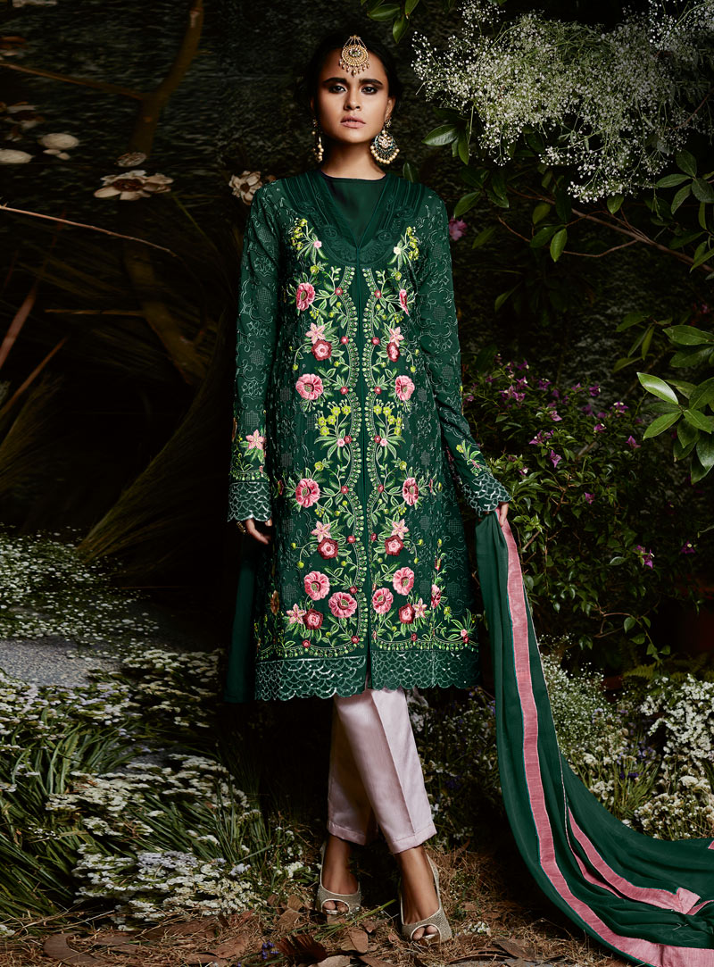 Green Faux Georgette Pakistani Style Suit 133475