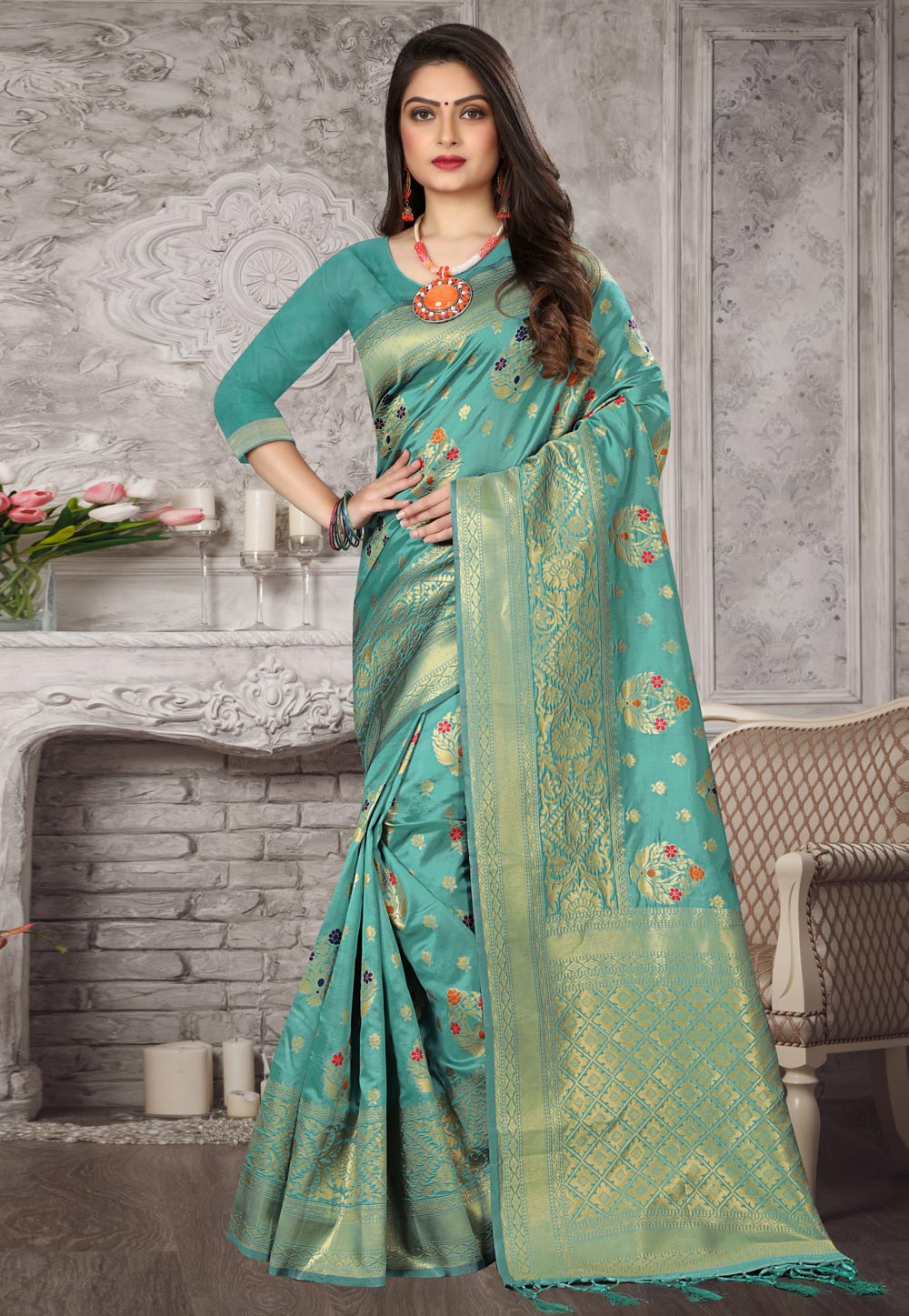 Sea Green Banarasi Silk Festival Wear Saree 221658