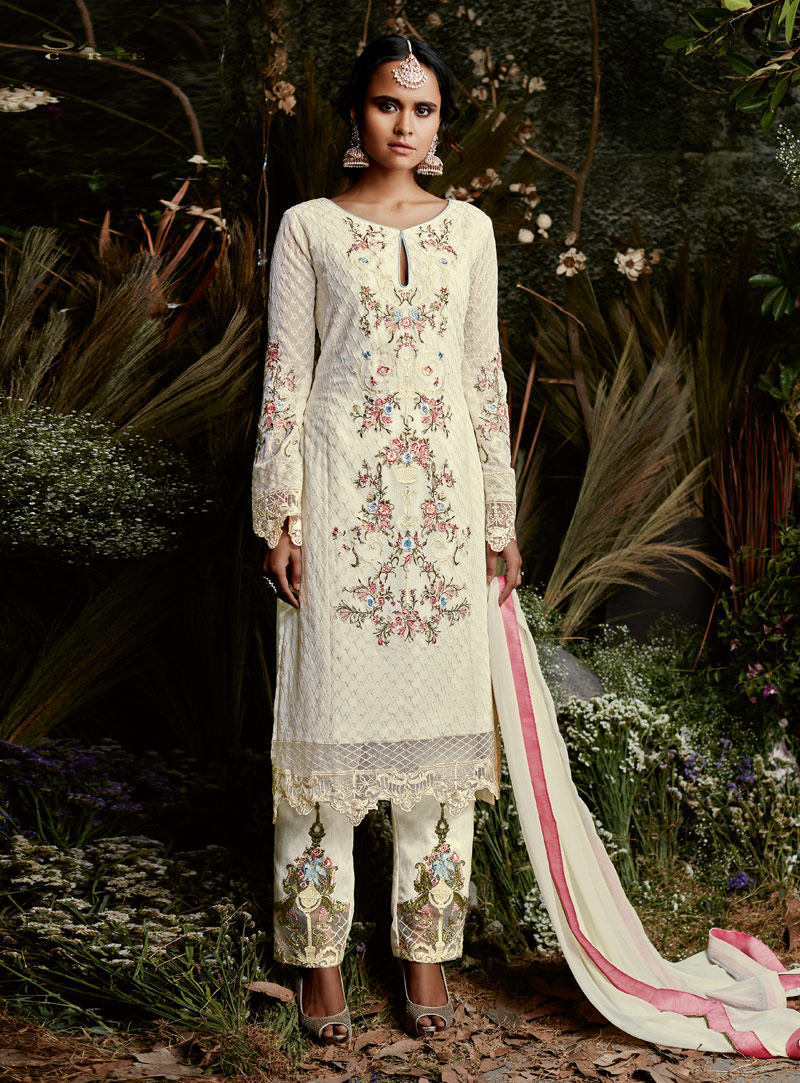 Cream Faux Georgette Pakistani Style Suit 129816