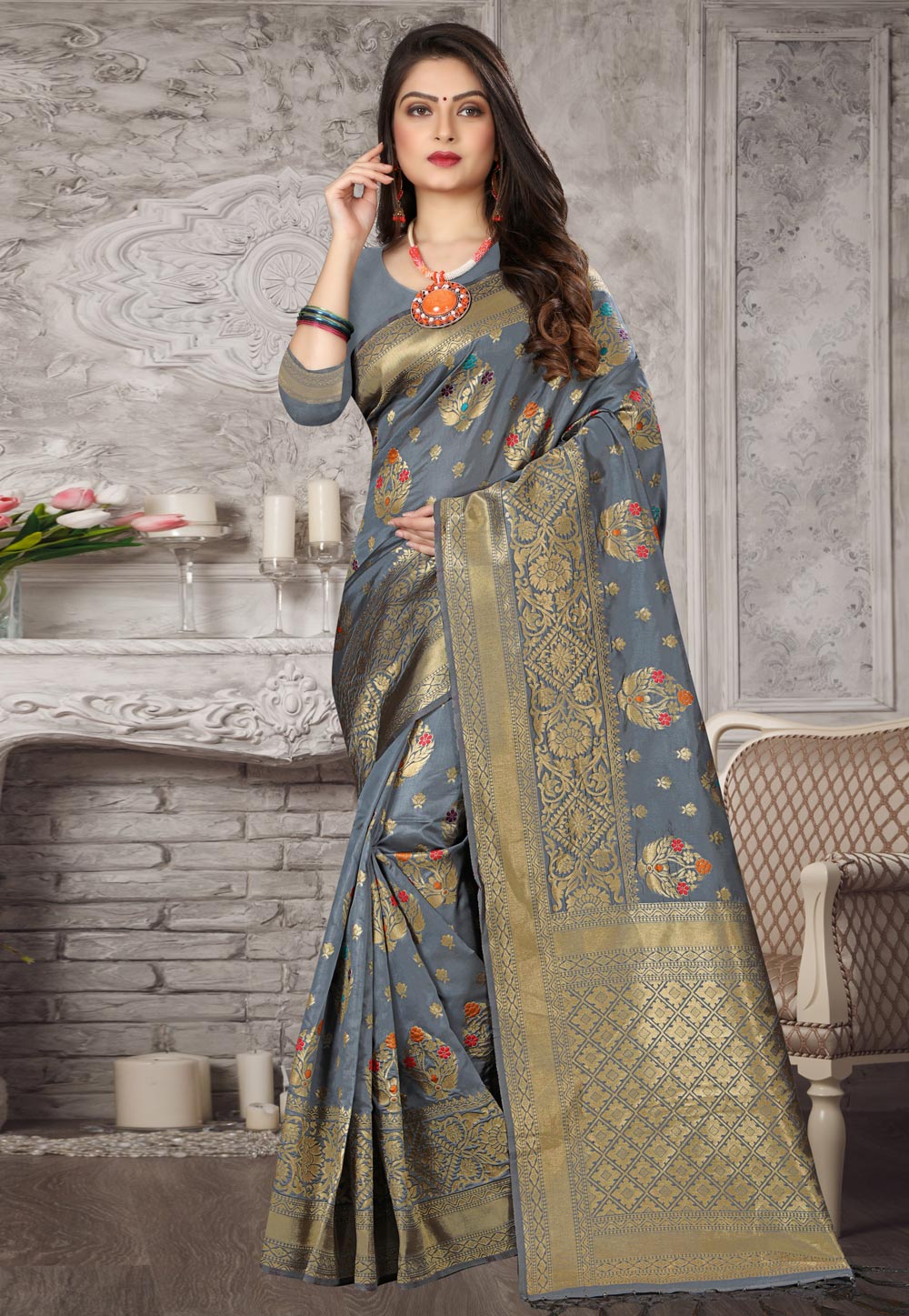 Grey Banarasi Silk Saree With Blouse 221659