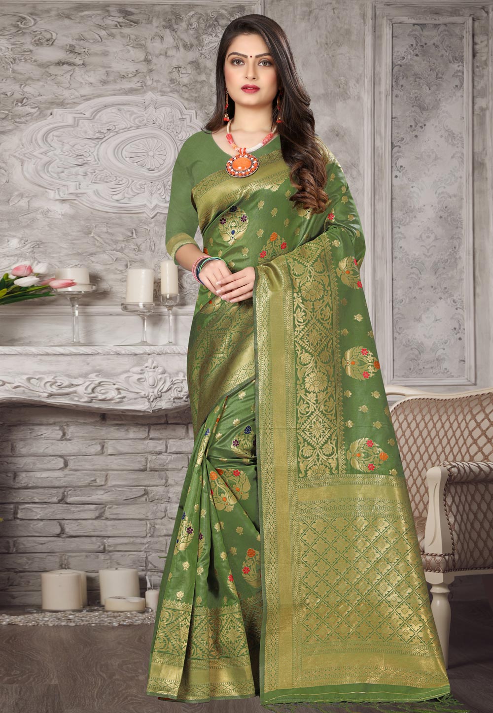 Green Banarasi Silk Saree With Blouse 221660