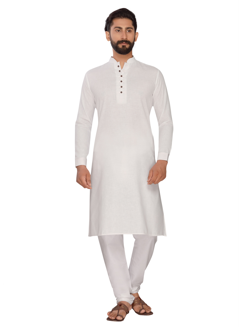 White Cotton Readymade Kurta Pajama 140967
