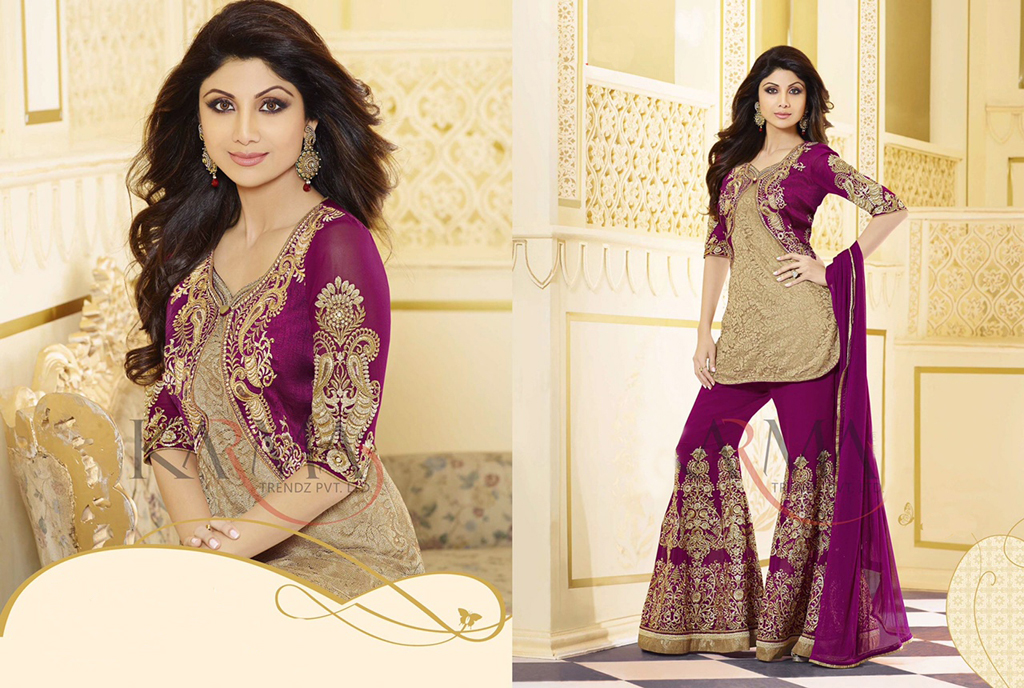 Shilpa Shetty Beige Jacquard Net Palazzo Style Suit 48409
