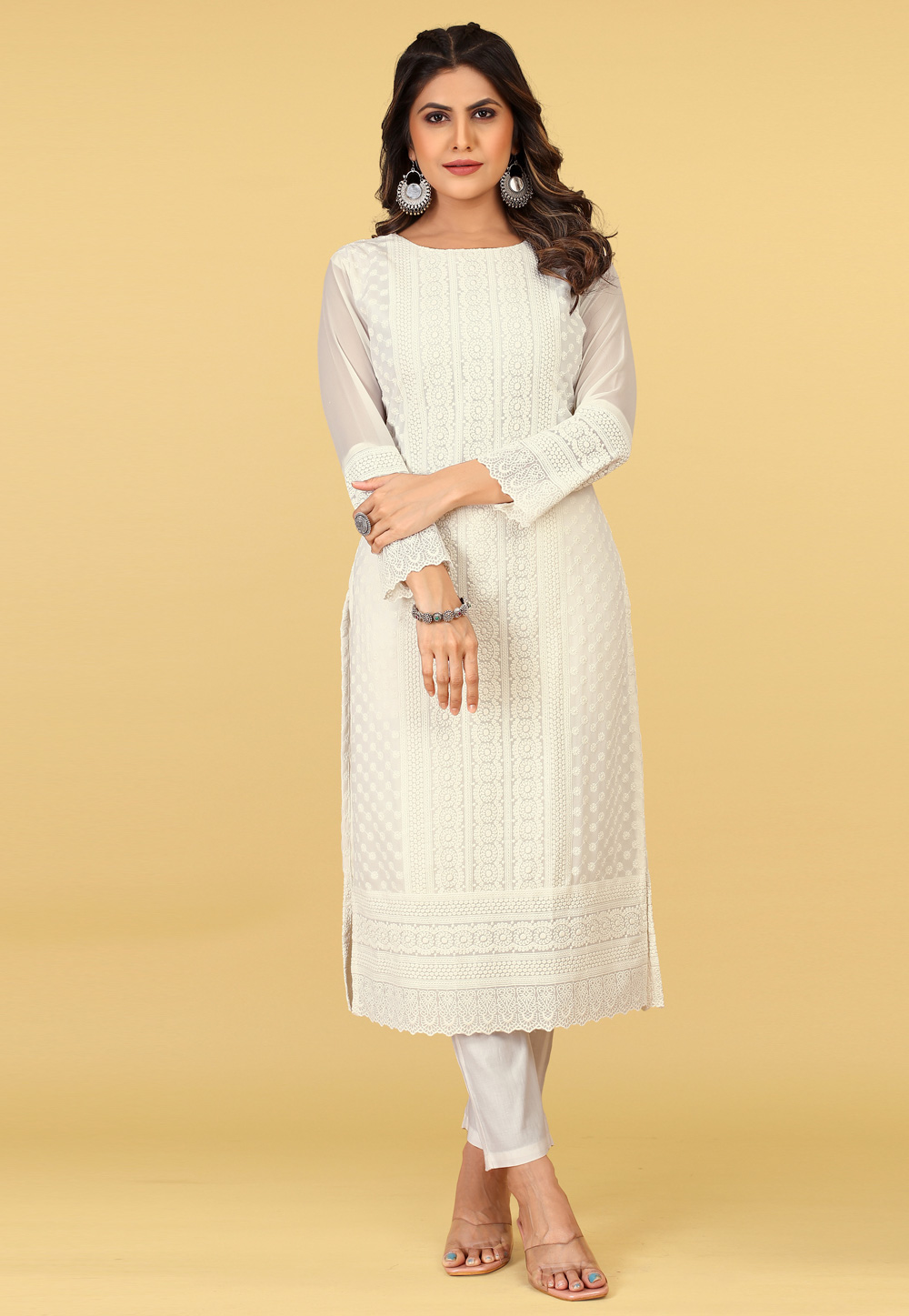 Off White Georgette Chiffon Long Tunic 267343