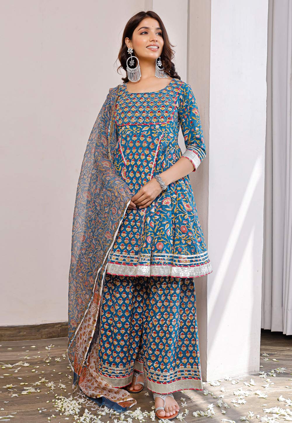 Blue Cotton Readymade Palazzo Suit 248412