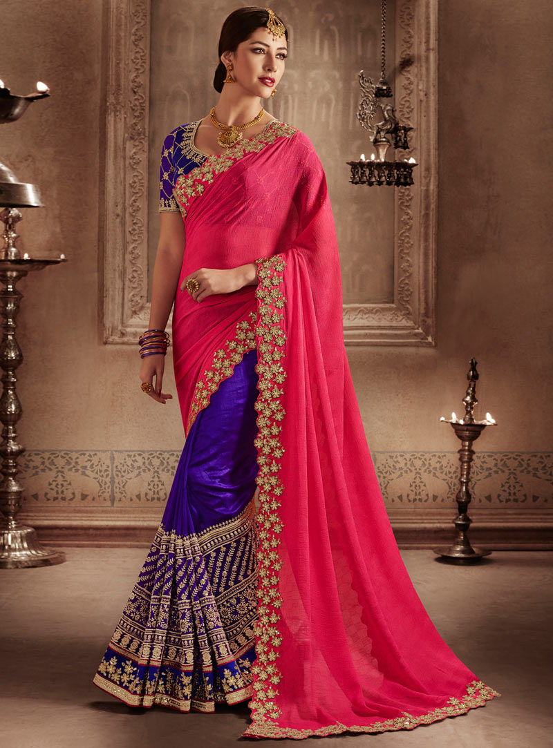 Magenta Silk Cut Work Saree With Blouse 83082