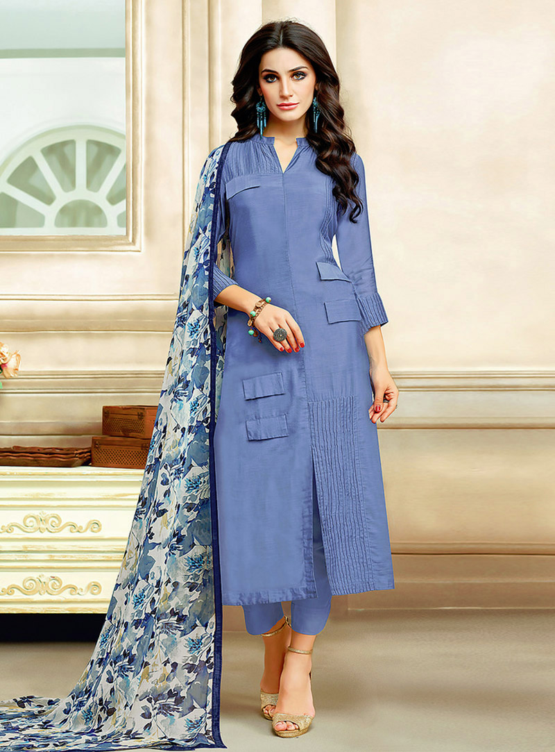 Blue Chanderi Cotton Pant Style Suit 142196