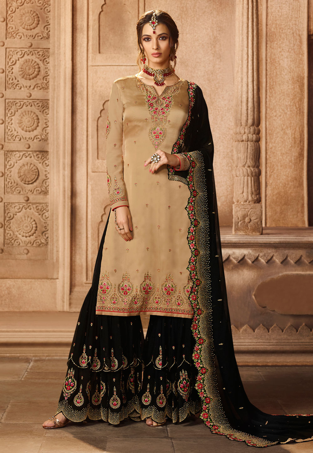 Beige Satin Embroidered Double Layered Sharara Suit 164801