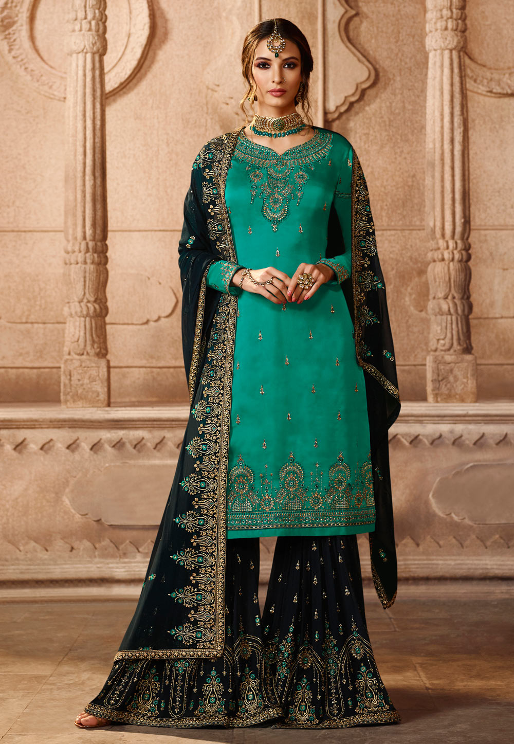 Turquoise Satin Embroidered Sharara Suit 164802