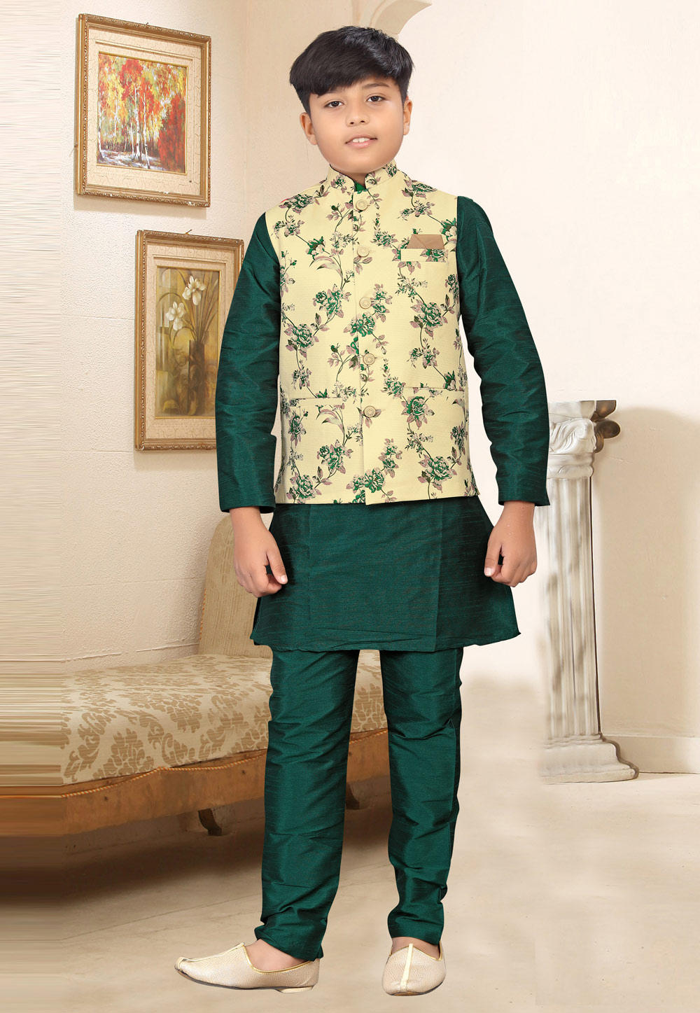 Green Silk Kids Kurta Pajama With Jacket 261002