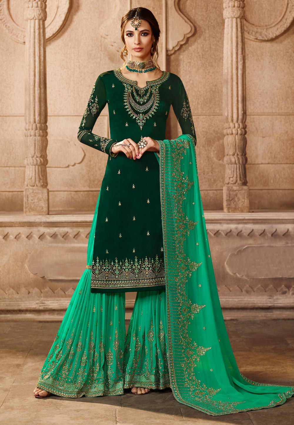 Green Satin Embroidered Sharara Suit 164804