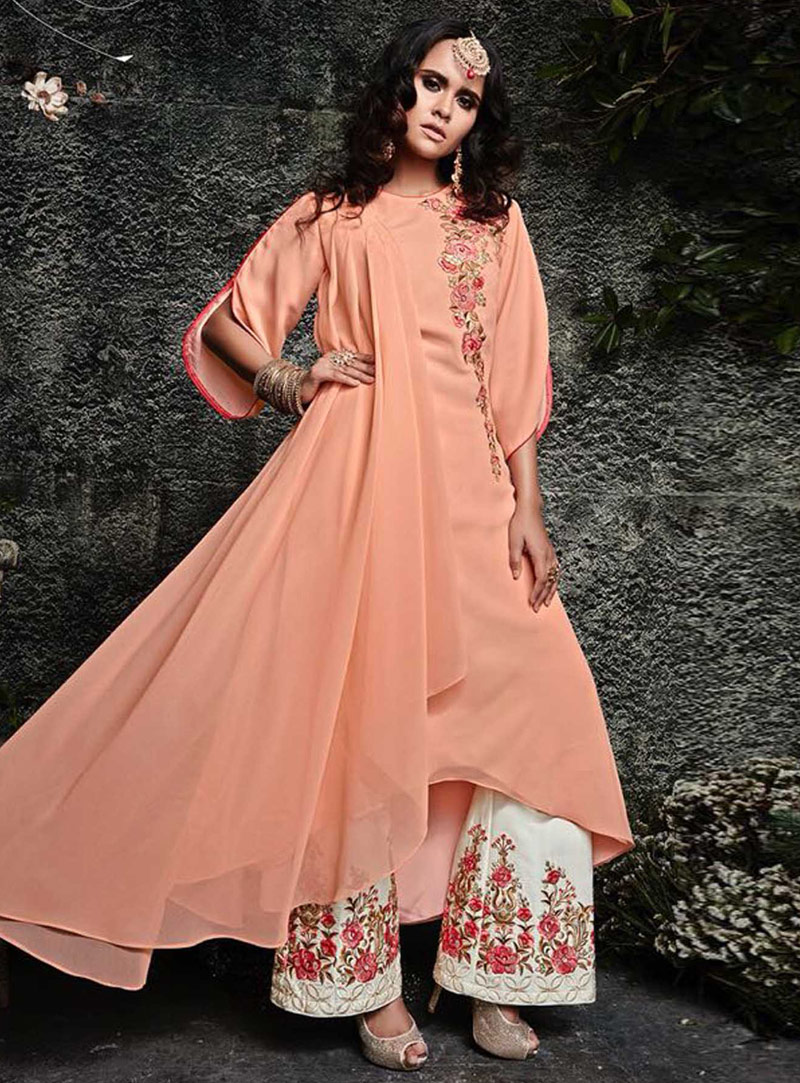 Peach Georgette Palazzo Style Suit 139209