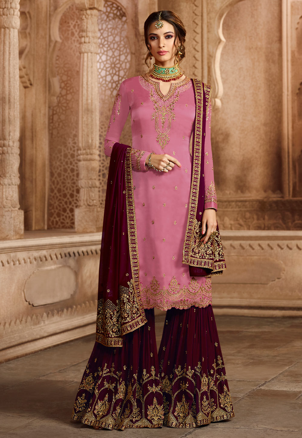 Pink Satin Embroidered Sharara Suit 164806
