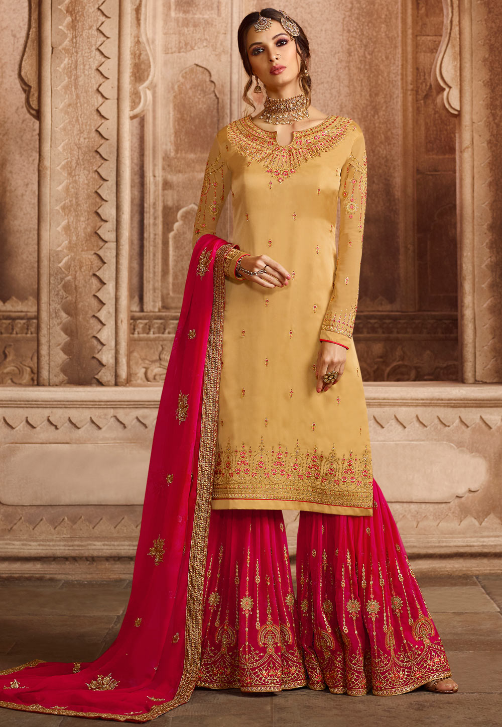 Yellow Satin Embroidered Sharara Suit 164808