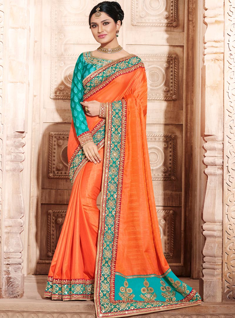 Orange Silk Engagement Wear Saree 88822