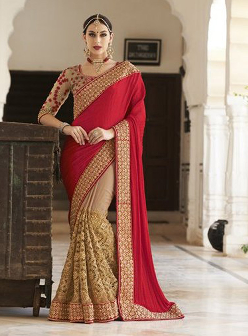 Red Silk Half and Half Saree With Blouse 68256