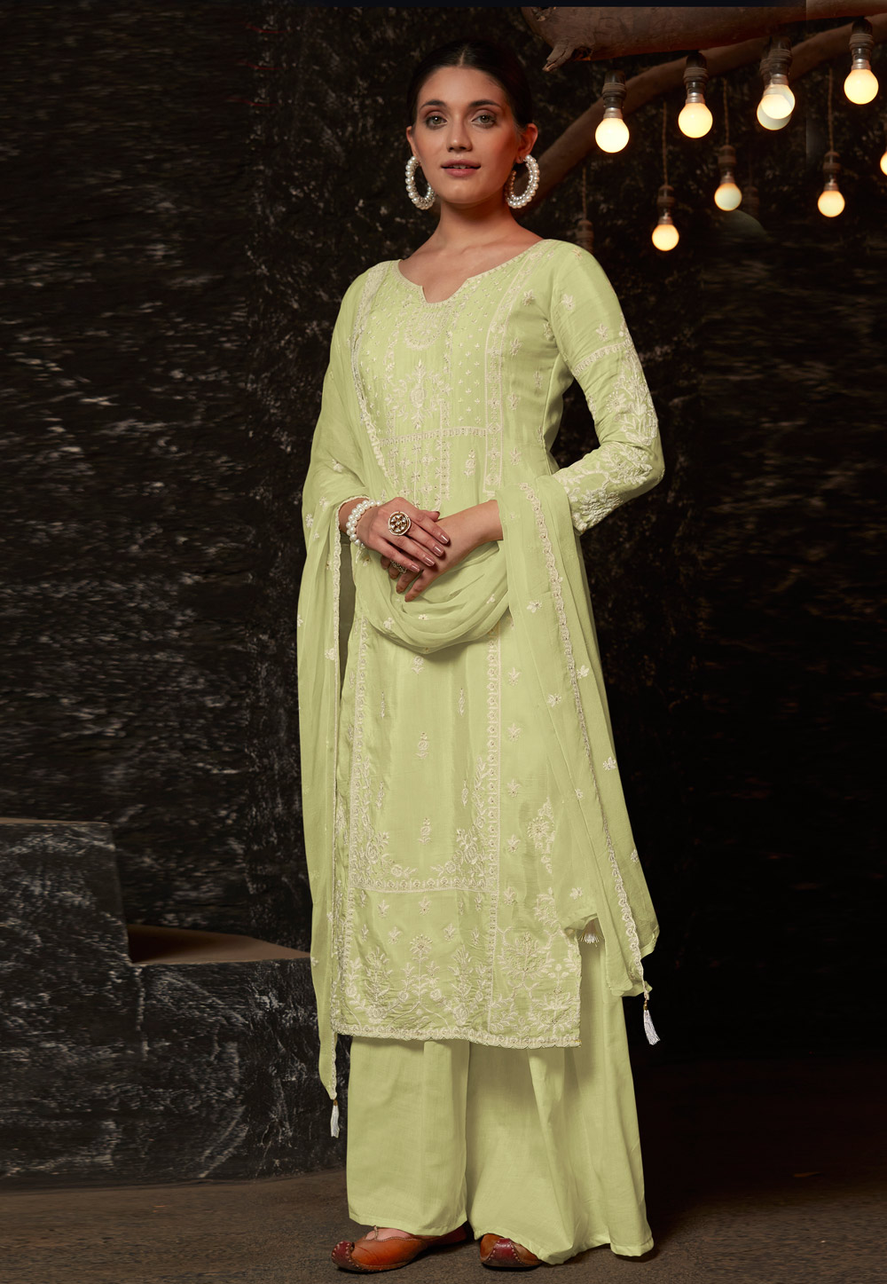 Light Green Muslin Lucknowi Palazzo Suit 246654