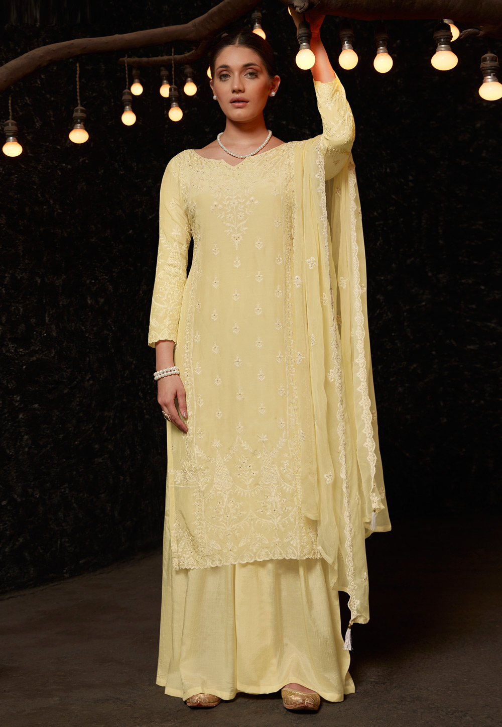 Yellow Muslin Lucknowi Palazzo Suit 246658