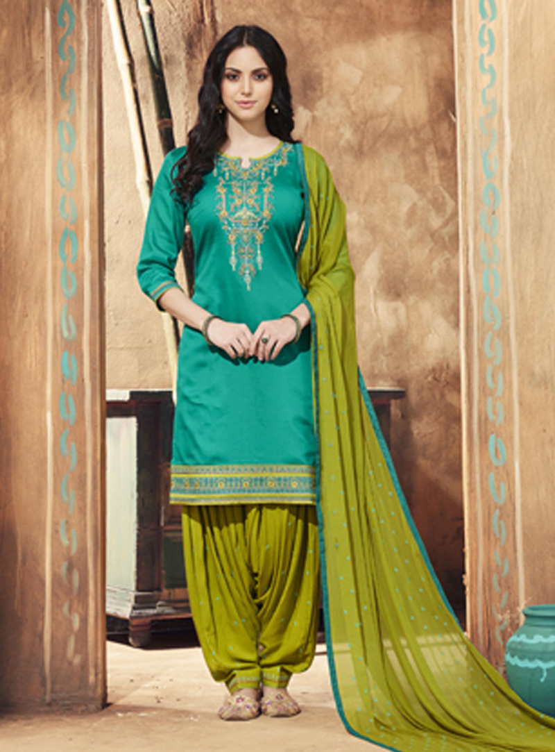 Green Cotton Patiala Suit 140858
