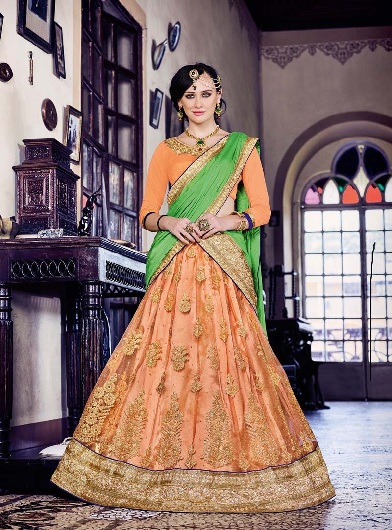 Light Orange Net Wedding Lehenga Choli 79933