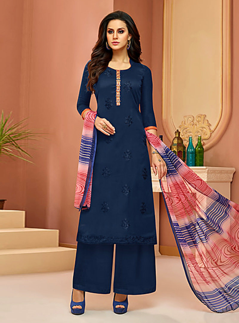 Navy Blue Cotton Palazzo Style Suit 142344