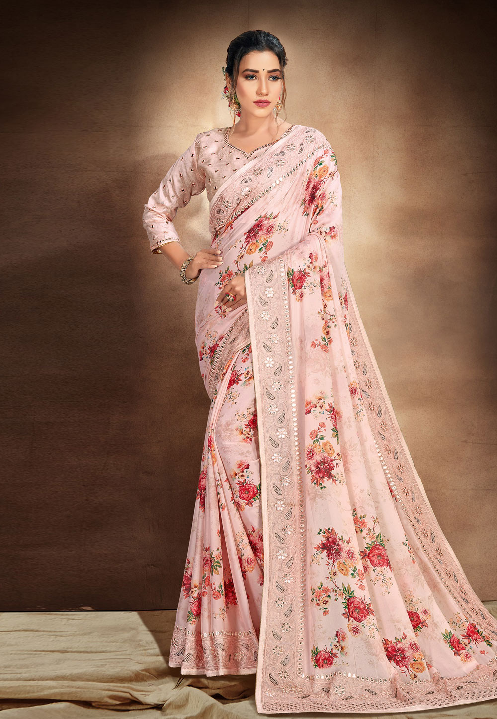 Light Pink Satin Saree With Blouse 222962