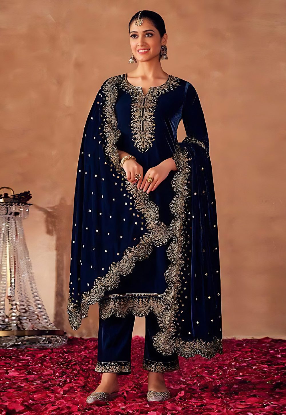 Navy Blue Velvet Pakistani Suit 255616