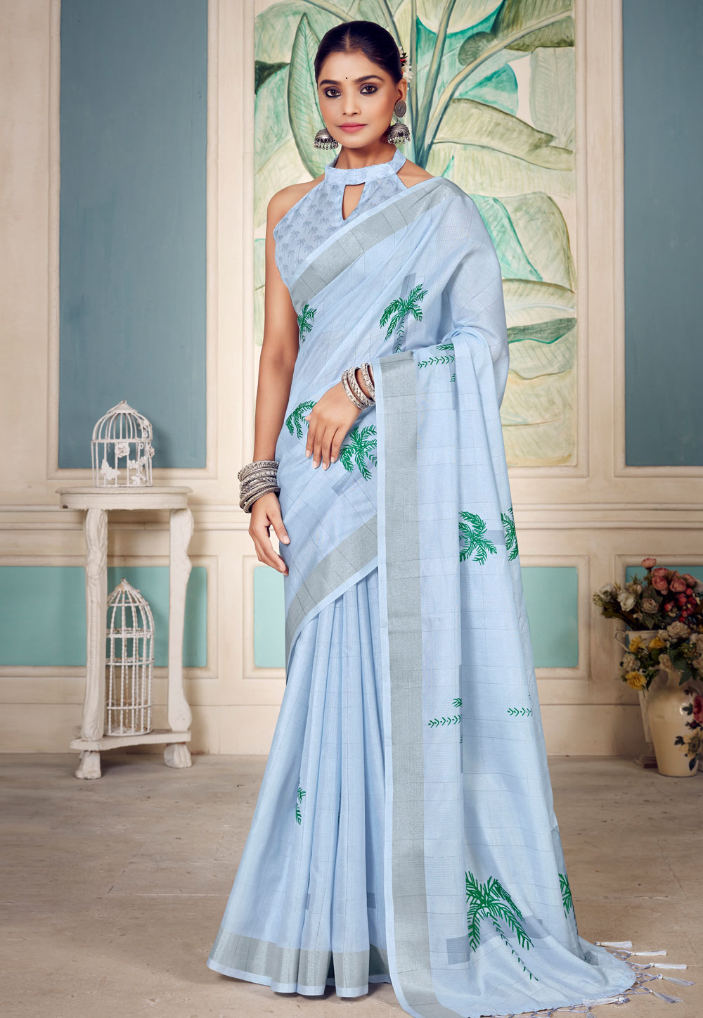 Daily Wear Ladies Designer Elegant Sky Blue Printed Patch Work Cotton Silk  Saree With Blouse at Best Price in Nadia | Kishan Saree Centre