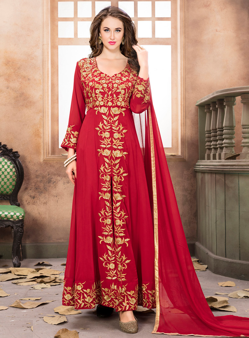 Red Faux Georgette Pant Style Suit 117756