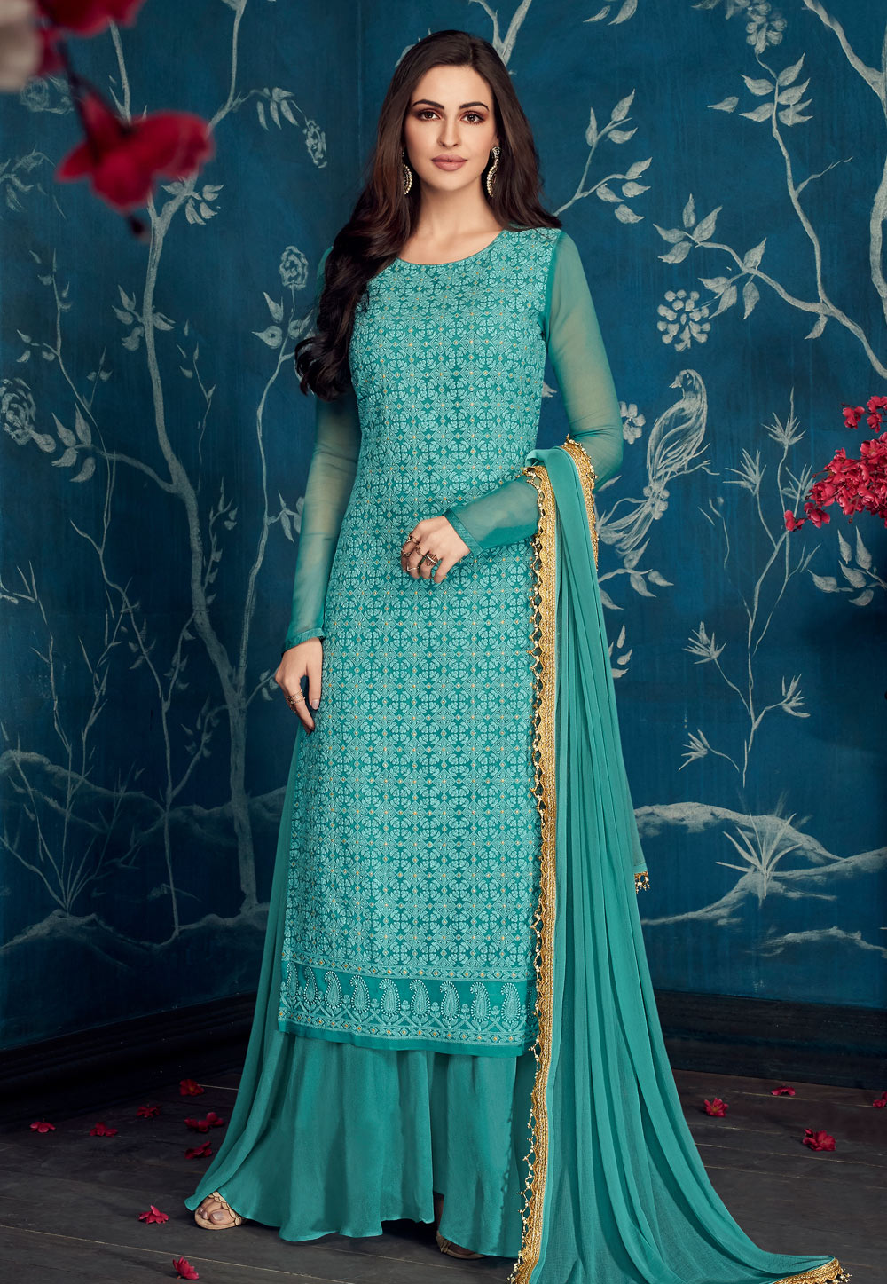Sea Green Georgette Kameez With Palazzo 185206