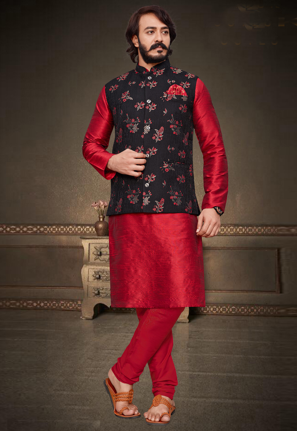 Red Art Silk Kurta Pajama With Jacket 237123