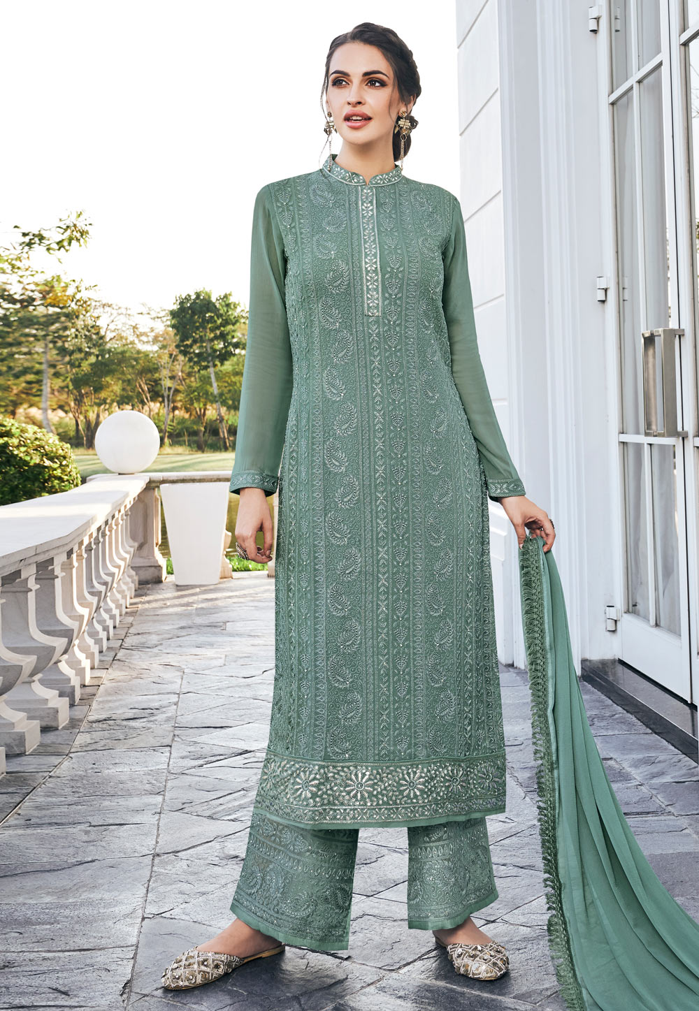Sea Green Grorgette Kameez With Palazzo 206908